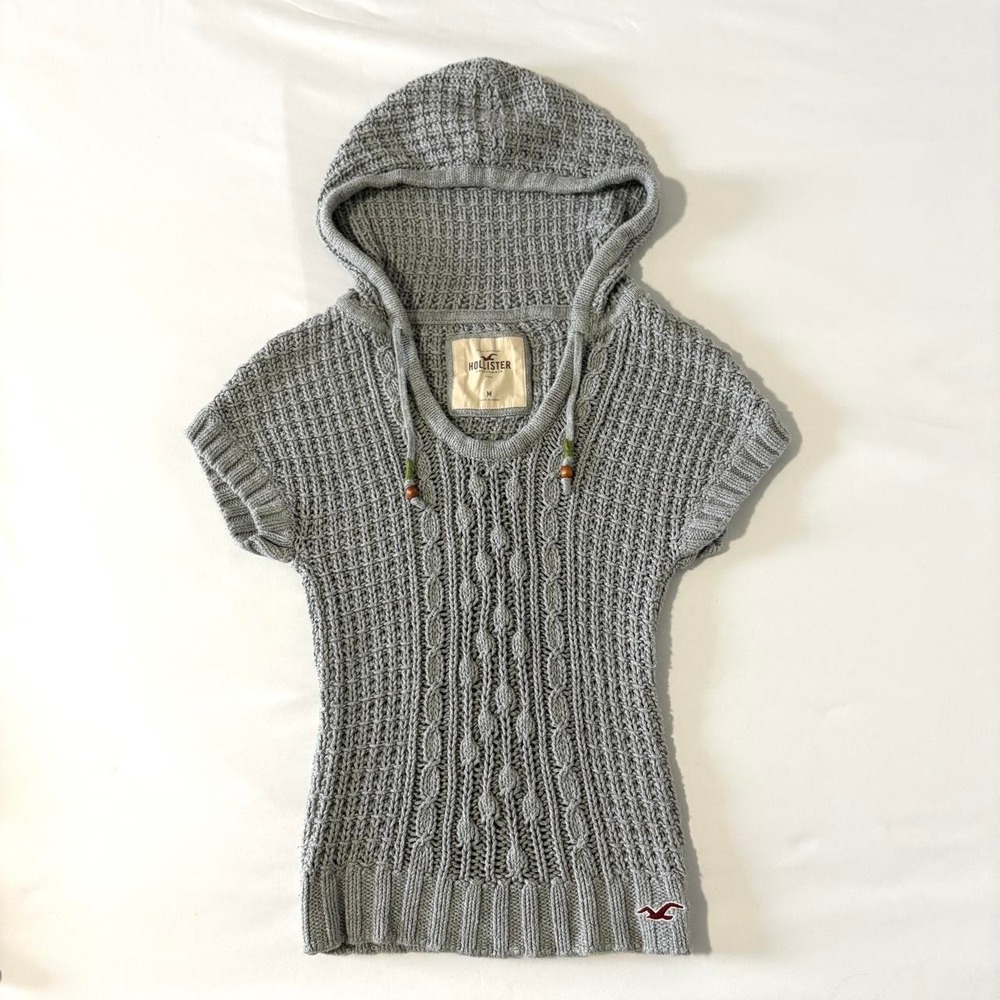 Hollister Cable Knit Hooded Sweater Women Medium Grey Vintage Y2K Short Sleeve